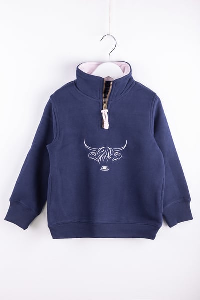 Mini Girls Quarter Zip Sweatshirt - Byland - Highland Cow Navy