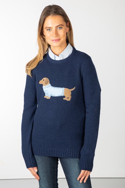 Ladies Crew Neck Character Knit Jumper - Waffle The Dachshund