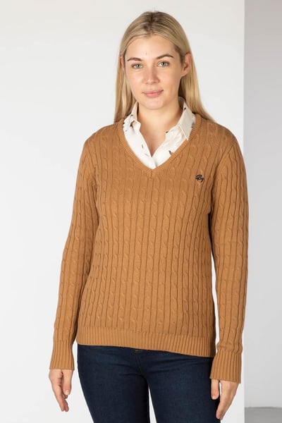 Ladies V Neck Cable Knit Jumper - Emma - Tan