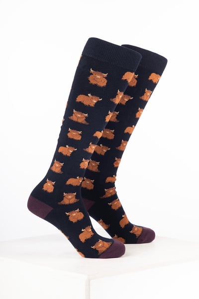 Damen-Gummistiefelsocken mit Kuhmotiv - Hochlandrind Marineblau
