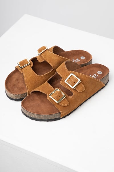 Ladies Suede Double Buckle Footbed Sandals – Harewood - Tan
