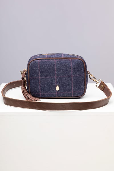 Bolso cruzado de mujer en tweed - Helmsley - Tweed azul marino/faisán