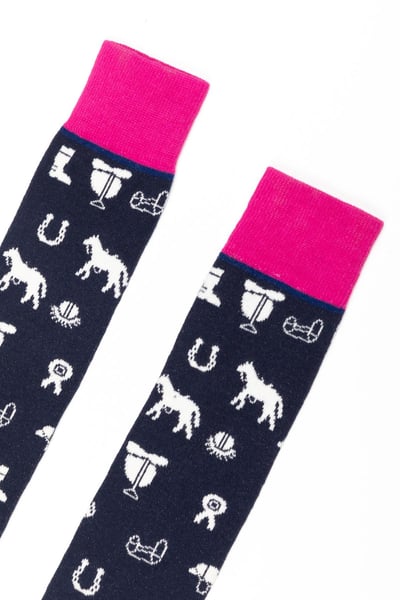 Ladies Horse Print Knee Length Riding Socks - Navy