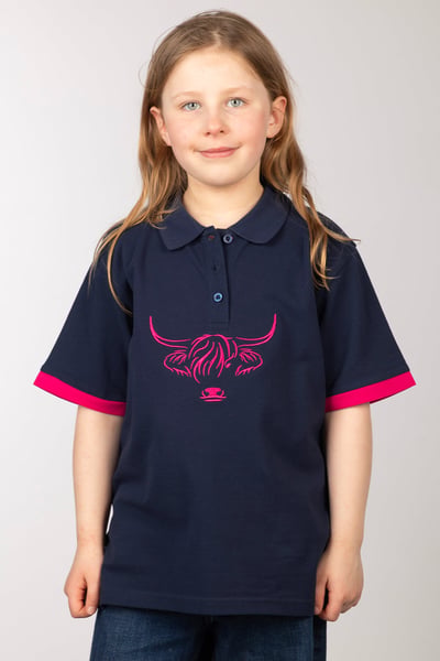 Girls Highland Cow Polo Shirt - Navy