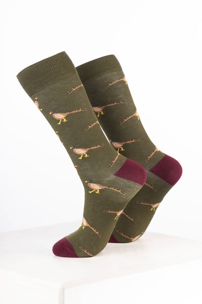 Men's Bamboo Rich Bird Ankle Socks - Walking Pheasant Dark Olive