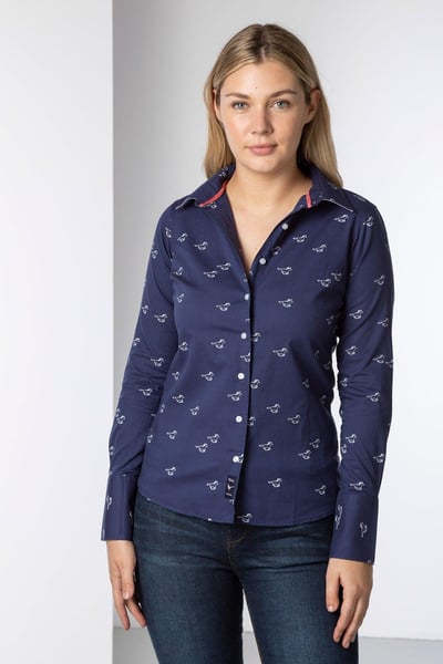 Ladies Oxford Cotton Printed Shirt - Audrey - Navy