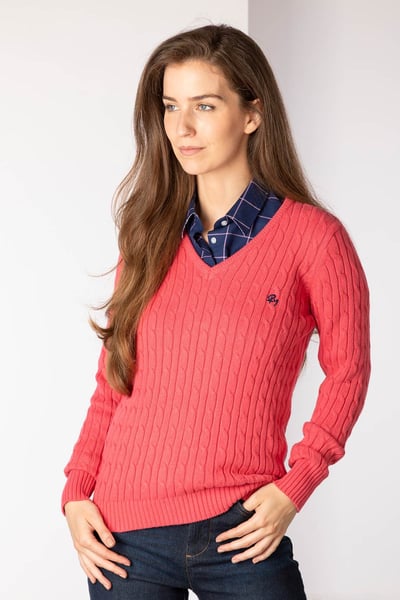 Ladies Emma V Neck Cable Knit Jumper - Cherry