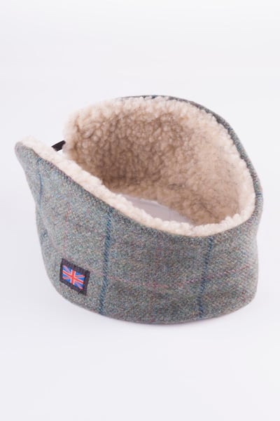 Ladies Sherpa Lined Tweed Headband - Blue Check