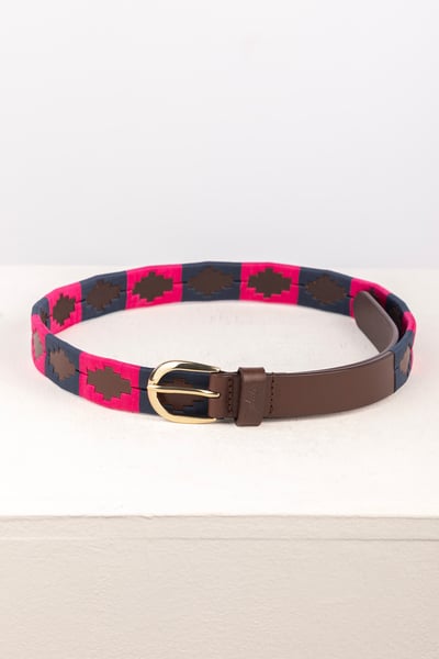Ladies Slim Leather Polo Belt - Ripon - Navy/Bonbon