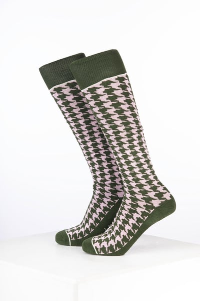 Women’s Bamboo Rich Checked Riding Socks - Houndstooth Soft Pink/Dark Olive