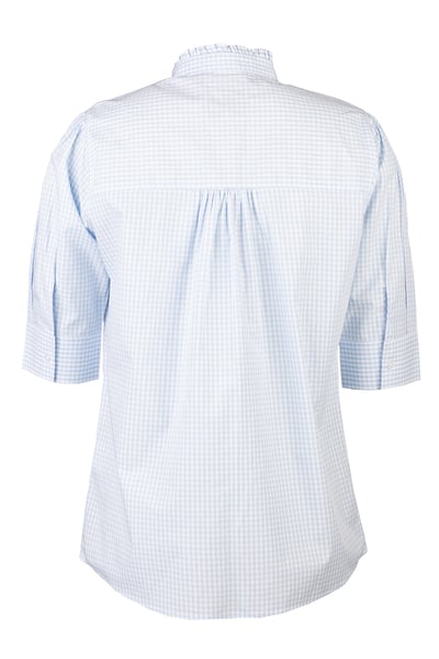 Ladies Ruffled Short Sleeved Shirt - Ivy - Blue Gingham