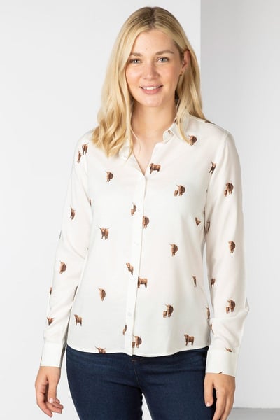 Ladies Button Down Blouse - Wistow II - Highland Cow