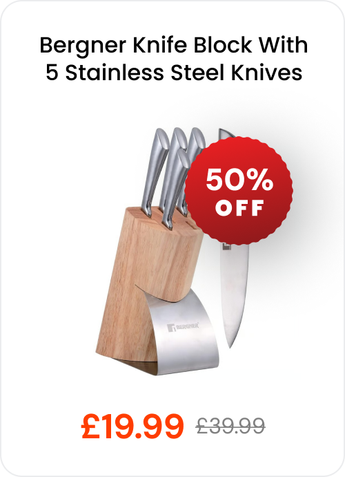 Bergner Knife Block With 5 Stainless Steel Knives, 50% off, now £19.99 instead of £39.99!