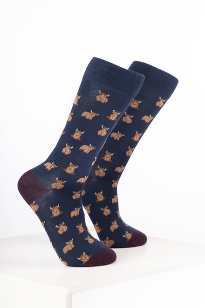 Women’s Bamboo Rich Cow Ankle Socks - Highland Cow Navy