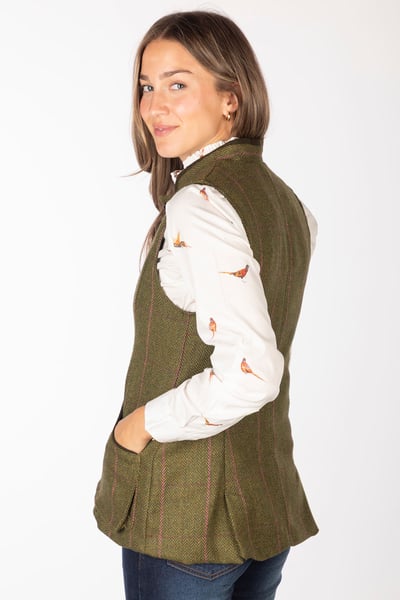 Gilet boutonné en tweed pour femme - Rievaulx - Tweed vert foncé