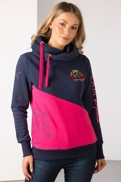 Ladies Diagonal Cross Neck Hoody - Navy/Bonbon