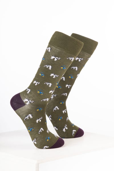 Women’s Bamboo Rich Farm Ankle Socks - Tractor & Cow Dark Olive