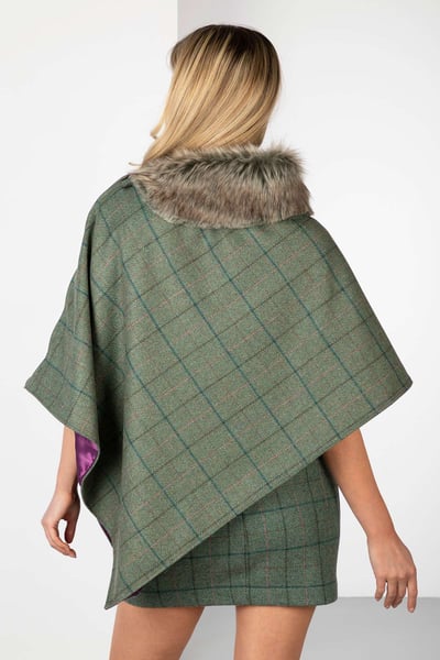 Ladies Wool Tweed Poncho With Faux Fur - Blue Check