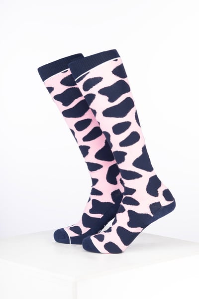Women’s Bamboo Rich Cow Print Riding Socks - Cow Soft Pink/Navy