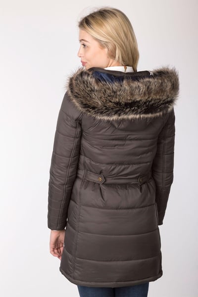 Ladies Long Fur Trim Coat - Arram - Bark