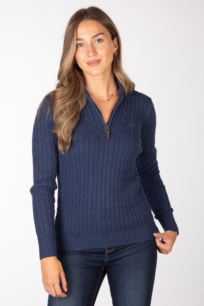 Pull en maille torsadée à fermeture éclair 1/4 pour femme - Emma - Mi Marine