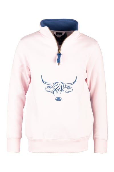 Girls Quarter Zip Sweatshirt - Byland - Highland Cow Pale Pink