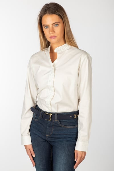 Ladies Oxford Cotton Ruffled Shirt - Ivy - Cream