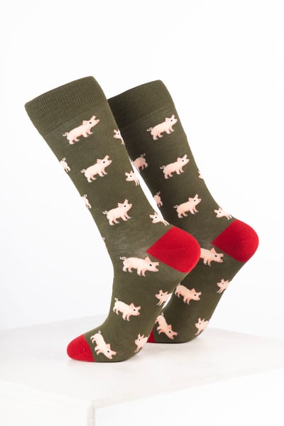 Men’s Bamboo Rich Animal Ankle Socks - Pink Pig Olive foncé