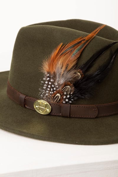 Men's Wool Fedora Hat With Feather - Danby - Dark Olive