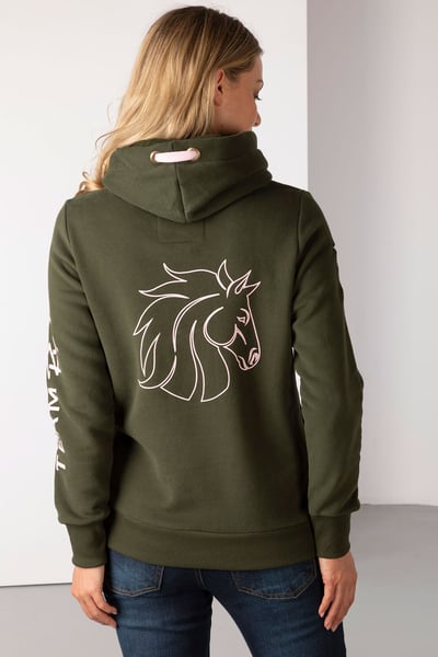 Ladies Horse Head Cross Neck Hoody - Olive