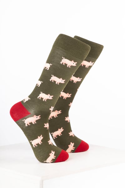 Men’s Bamboo Rich Animal Ankle Socks - Pink Pig Olive foncé