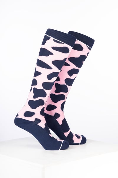 Women’s Bamboo Rich Cow Print Riding Socks - Cow Soft Pink/Navy