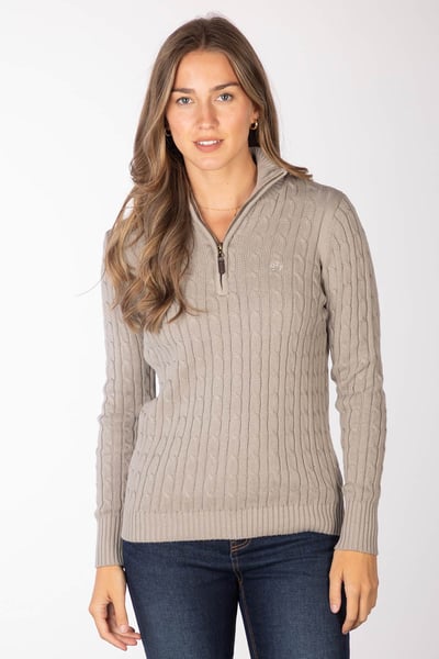 Ladies Quarter Zip Cable Knit Jumper - Emma - Cool Grey