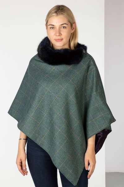 Ladies Wool Tweed Poncho With Faux Fur - Blue/Navy