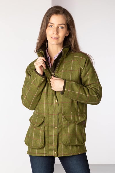 Ladies Long Tweed Coat - Light Green/Pink