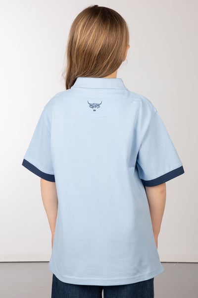 Girls Highland Cow Polo Shirt - Soft Blue