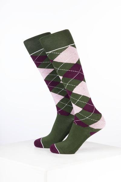 Junior Bamboo Rich Argyle Reitsocken - Argyle Dunkeloliv/Dunkelbeere/Zartrosa