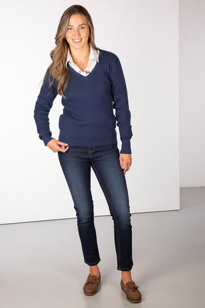 Ladies V Neck Ribbed Jumper - Gemma - Mid Navy