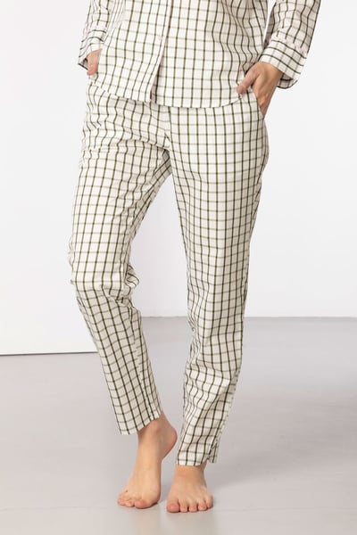 Ladies 100% Cotton Pyjama Sets - Cream/Khaki Check