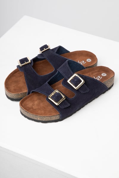 Ladies Suede Double Buckle Footbed Sandals – Harewood - Navy