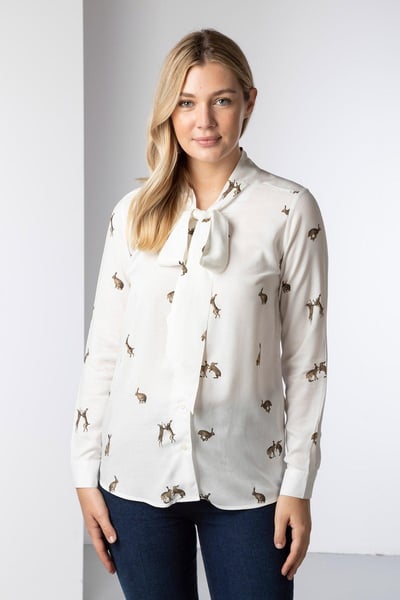 Ladies Tie Neck Blouse - Hare White