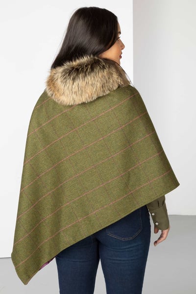 Ladies Wool Tweed Poncho With Faux Fur - Dark Green