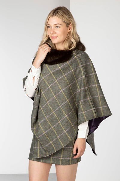 Ladies 100% Wool Tweed Poncho - Grey Tweed