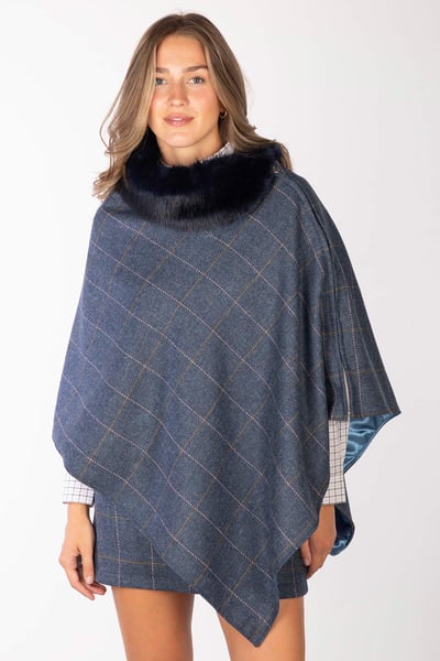 Ladies Wool Tweed Poncho With Faux Fur - Dark Blue Tweed