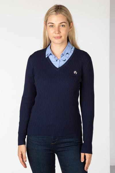 Ladies V Neck Ribbed Jumper - Gemma - Navy/Pink