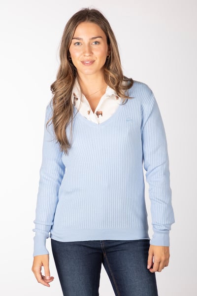 Ladies V Neck Ribbed Jumper - Gemma - Soft Blue