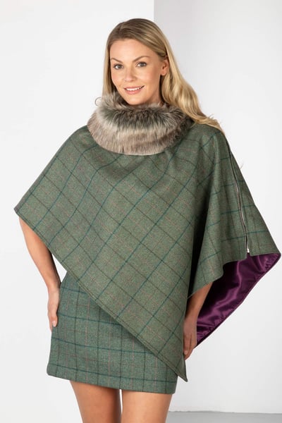 Ladies Wool Tweed Poncho With Faux Fur - Blue Check