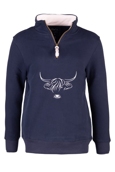Mädchen-Sweatshirt mit Viertelreißverschluss - Byland - Hochlandrinder-Marine