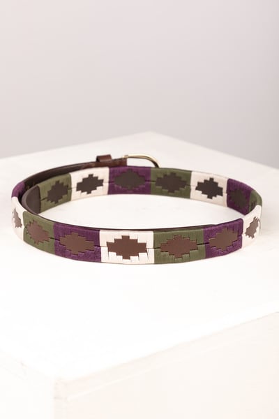 Ladies Slim Leather Polo Belt - Ripon - Olive/White/Berry
