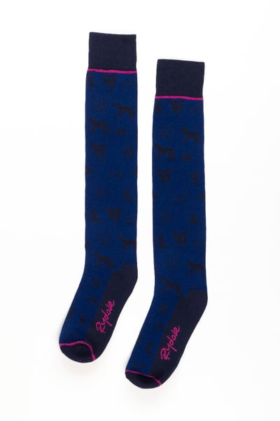 Ladies Horse Print Knee Length Riding Socks - Denim